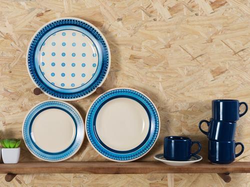 Aparelho de Jantar e Chá 20 Peças Biona de Cerâmica - Redondo Branco e Azul Donna