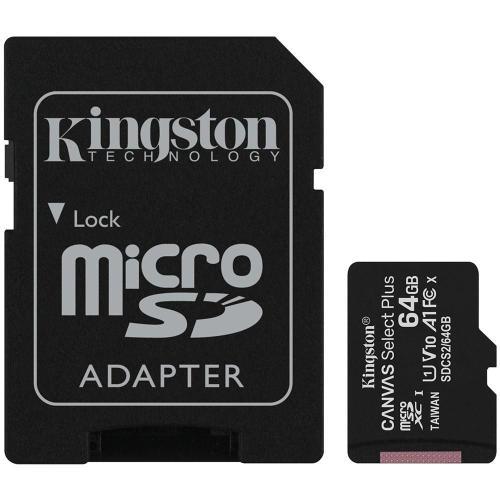 Cartão de Memória Kingston Canvas Select Plus MicroSD 64GB Classe 10 com Adaptador Câmeras Automáticas/Dispositivos