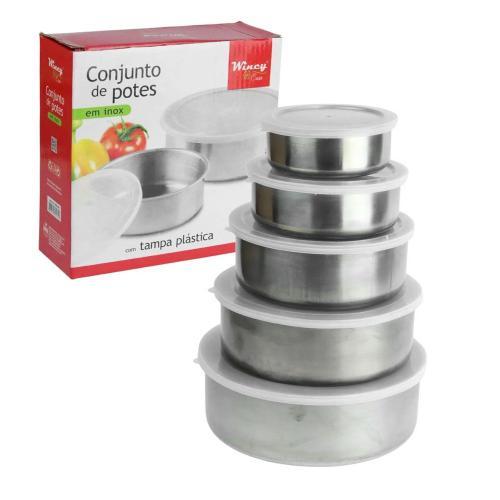 Kit Conjunto 5 Potes Vasilhas Tigelas Aço Inox Tampa Silicone Hermético Redondo Durável Para Armazenar Alimentos Cozinha - WINCY