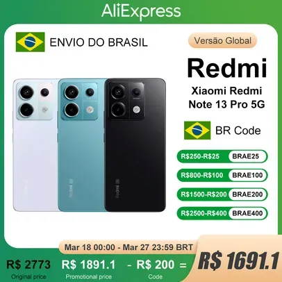 [BRASIL] Smartphone Xiaomi Redmi Note 13 Pro 5G 256GB 8GB RAM