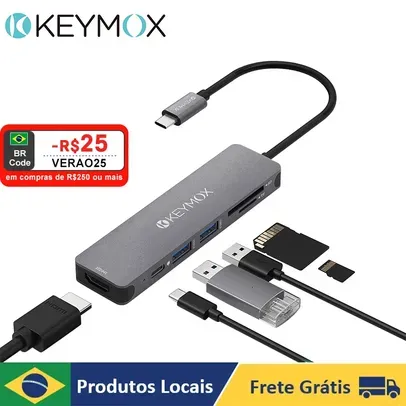 [BR | Moedas] Hub Keymox 6 em 1, Tipo C, 2 Portas USB 3.0, Entradas Cartão Micro SD & TF, HDMI, 1 Tipo C