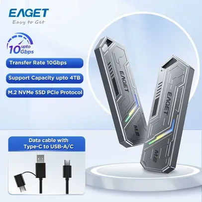 Case Eaget M.2 para USB Tipo C SSD , NVME, PCIE, Adaptador SSD, Protocolo Duplo, NVME, PCIE, NGFF, SATA, SSD Disk Box