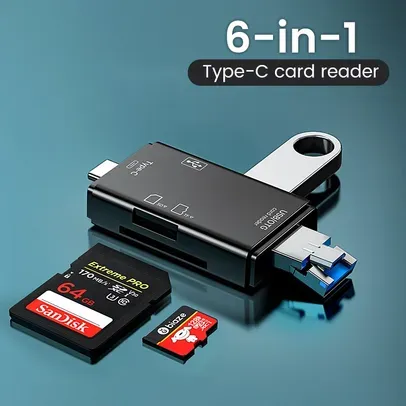 Multifunções Smart Memory Card Reader, 6 em 1, OTG, Leitor de Cartão SD, USB