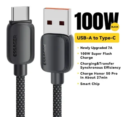 [Com Imposto R$11,54] Essager Cabo USB Tipo C para Huawei Honor, Carregador de Carregamento Rápido,