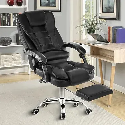 Cadeira de escritório presidente, cadeira de home office com apoio para os pés e encosto ajustável（Preto）