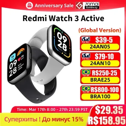 [Taxa inclusa] SmartWatch Xiaomi Redmi Watch 3 Active Versão Global - Chamadas telefônicas, Display LCD de 1,83, Idioma Português, 12 dias de bateria