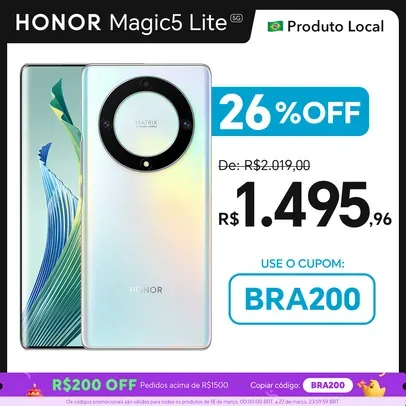 [BR] Smartphone Honor Magic 5 Lite 5G 8/256GB Snapdragon 695, Tela 6,67 polegadas 120 Hz AMOLED