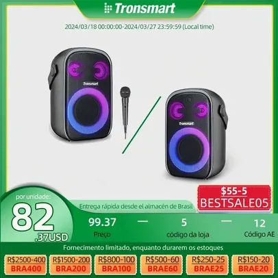 (Brasil) Caixa de Som Bluetooth v5.3 Tronsmart Halo 100 RGB 60W Com modos de áudio duplos