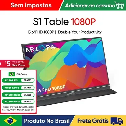 [Do Brasil/Moedas] Monitor Portátil com HDMI USB IP S1 Table Arzopa 15.6 ''FHD 1080P