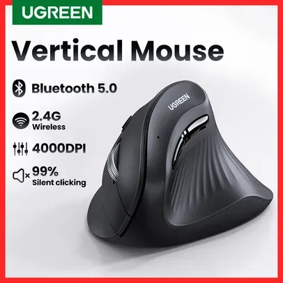 UGREEN Mouse Vertical Sem Fio, Bluetooth 5.0, 2.4G, Ergonômico 4000DPI, 6 Botões Mudo