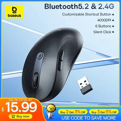 [Taxa Inclusa] Baseus F02 Mouse sem fio, Bluetooth 5.2, 2.4G, 4000DPI, ergonômico, 6 botões