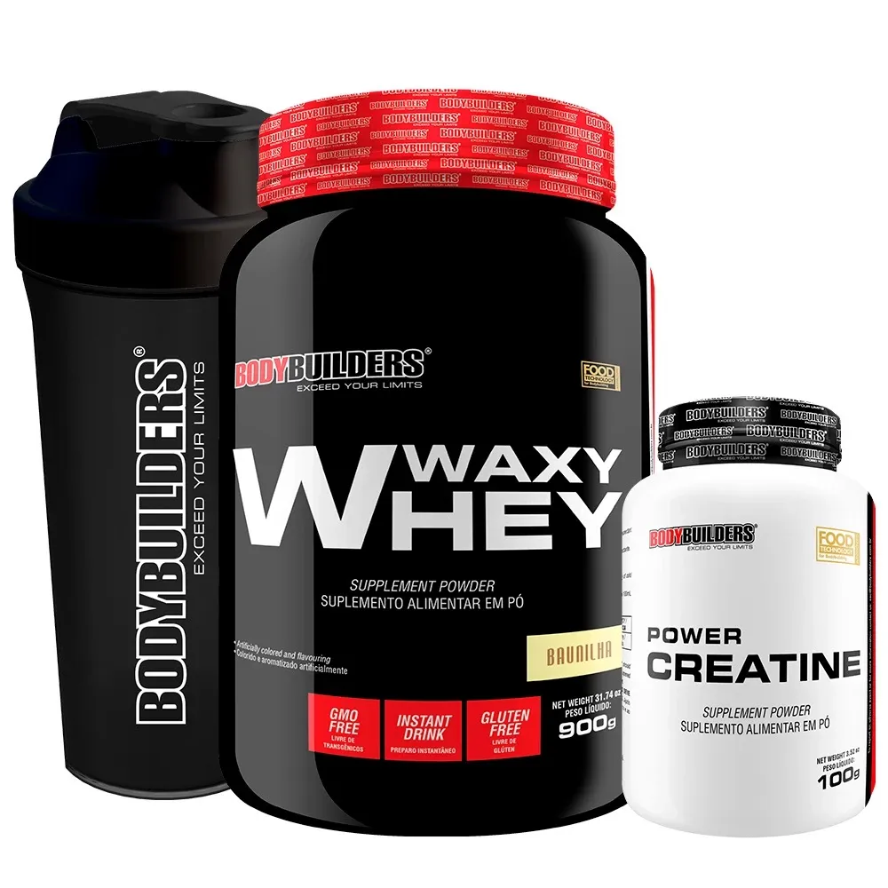 Kit Whey Protein Waxy Whey 900g, Power Creatina 100g, Coqueteleira - BodyBuilders Kit para aumento de massa muscular e perfomance