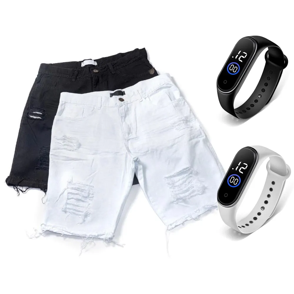 Bermudas Jeans Rasgada Desfiada Preta e Branco Lançamento Verão + Relógio Esportivo A Prova D'Água 2023