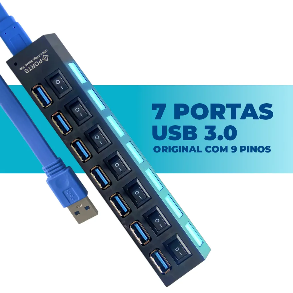 Régua Hub USB Com 7 Entradas 3.0 480mbps Excelente Taxa de Transferência Conecta Diversos Aparelhos Mouse Impressora HD Exerno Teclado