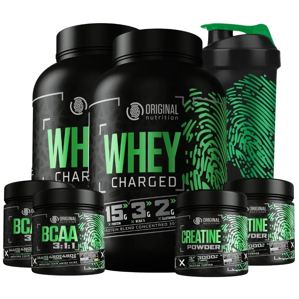 Kit 2x  Suplemento em pó Whey Protein Charged + 2 Bcaa + 2 Creatina + Shaker coqueteleira Original Nutrition
