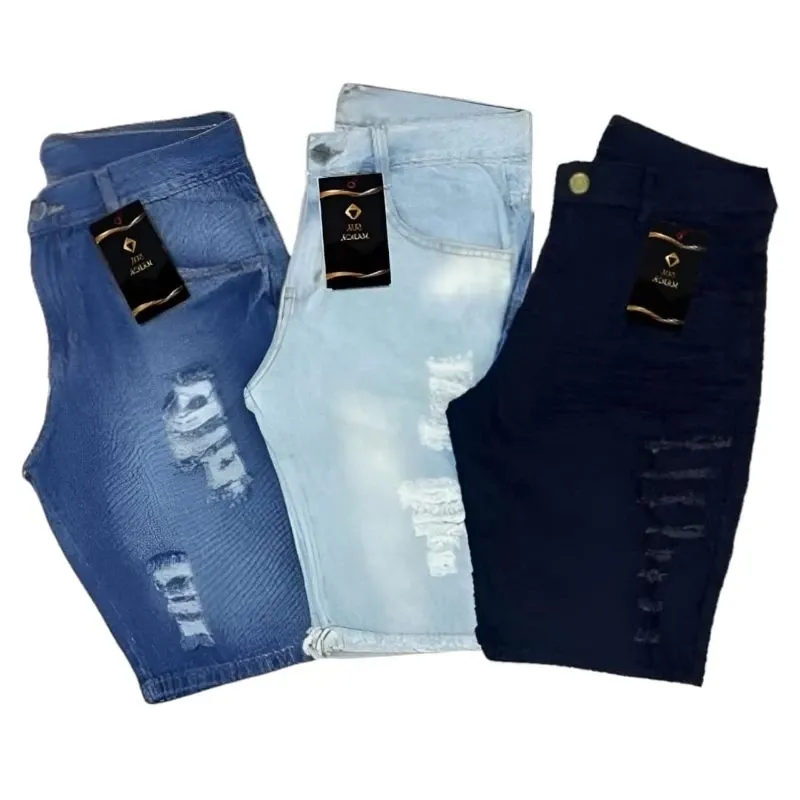 KIT 3 Bermuda  jeans clara Moda masculina jeans De Ótima Qualidade Modelo Rasgada Premium