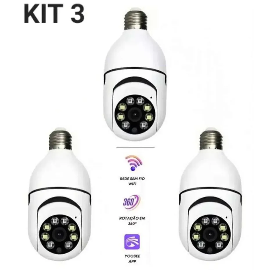 Kit 3 Câmeras de segurança a Prova D'água sem fio gira 360 com app Yousee full HD visão notturna