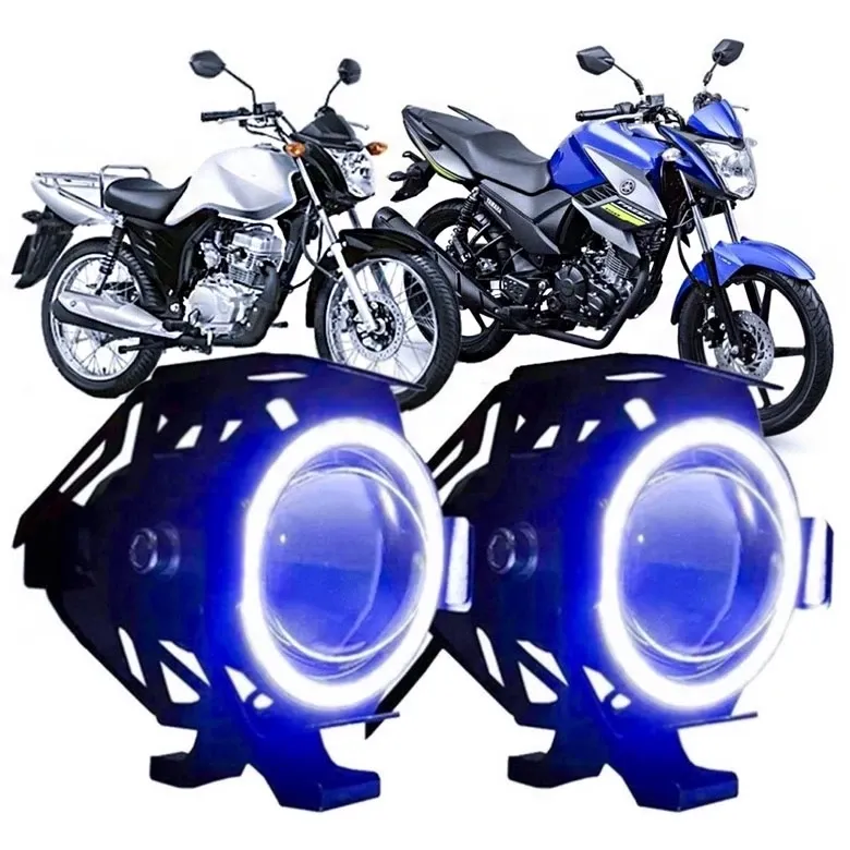 Par Farol Milha U7 Azul Grande Moto Carro Auxiliar Led Olho Anjo Angel Eye Strobo Com Punho Interruptor e Suporte Universal