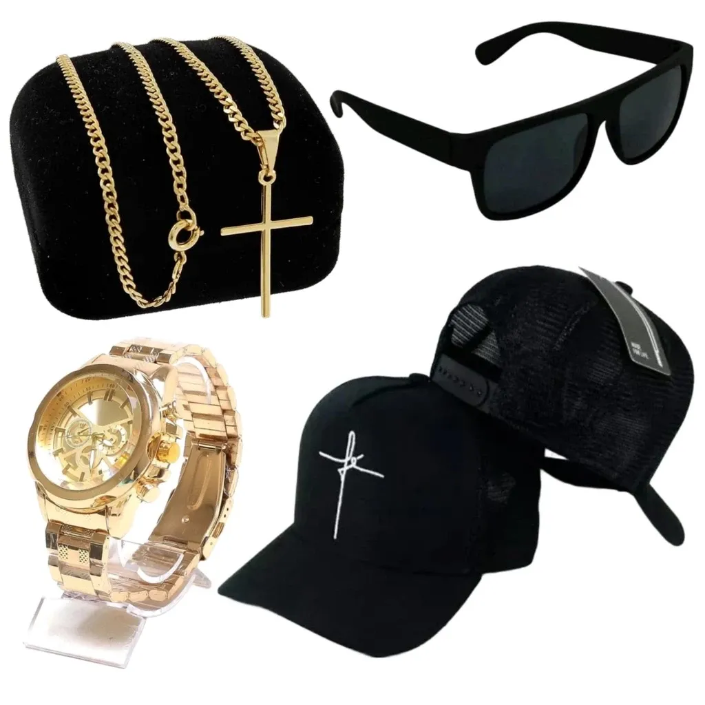 Kit masculino boné fé + corrente cruz + óculos + relógio