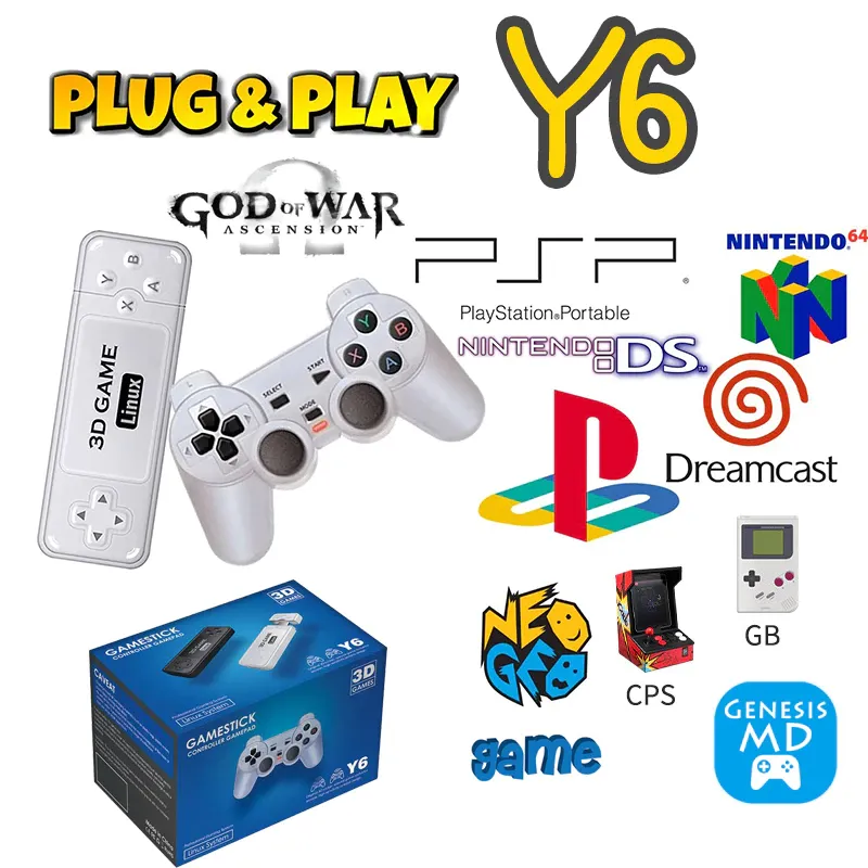Y6 Game Stick Console De Vídeo Game Retro Game 2.4G Controladores Sem Fio Gamepad 4K TV Saída HD 10000 + Jogos