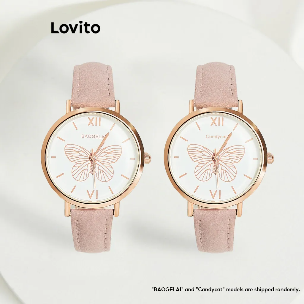 Lovito Casual Relógios de Borboleta de Metal para Mulheres L57AD052 (Marrom/Rosa/Preto)