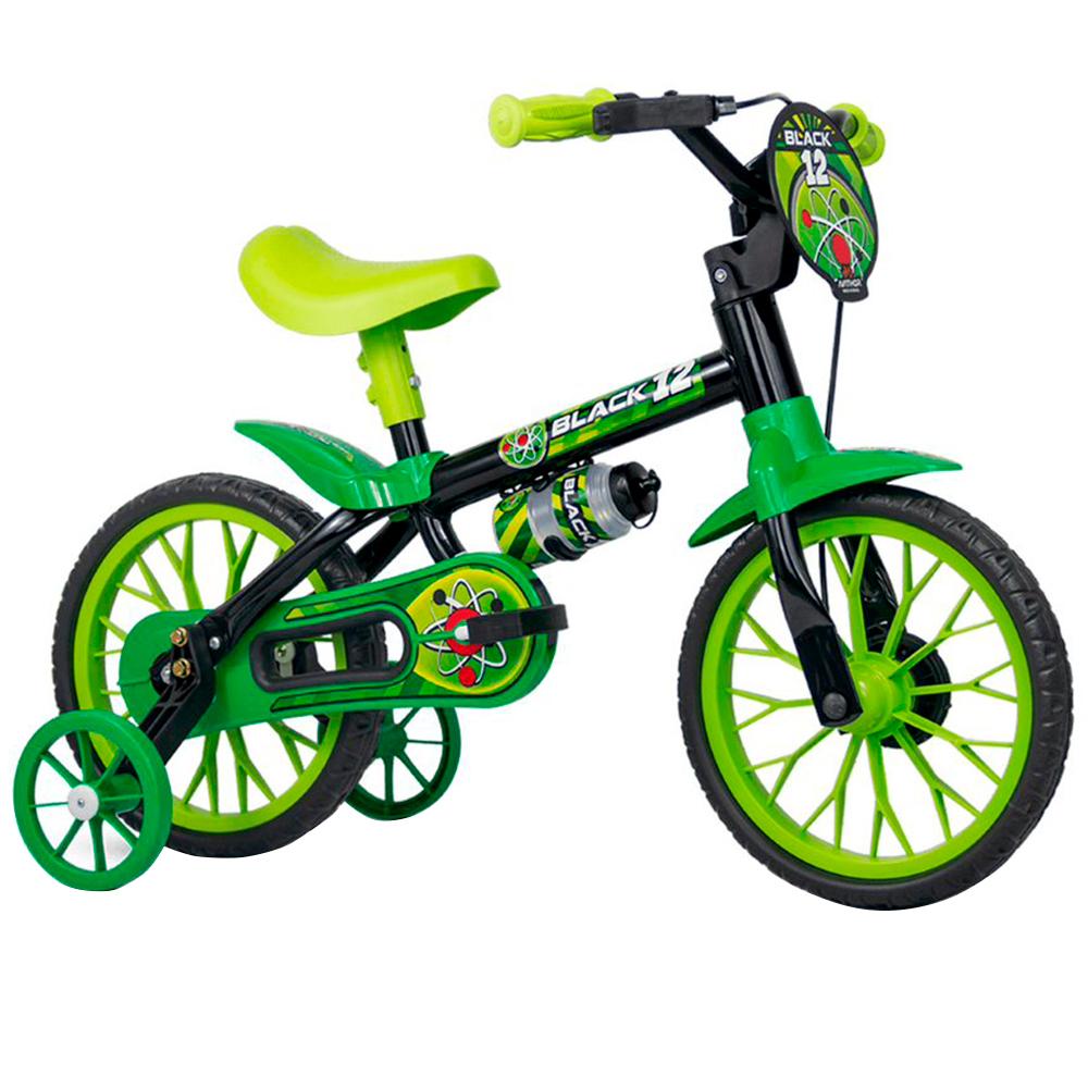 Bicicleta Infantil Aro 12 Nathor Cairu Black 12 Com Rodinhas Laterais - Preto/Verde - Preto/Verde