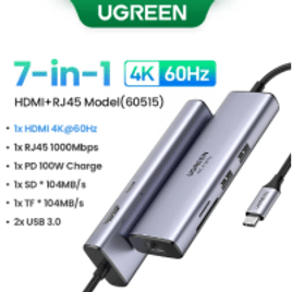 Hub USB Ugreen 7 em 1 USB-C 4K 60Hz HDMI + RJ45 100W