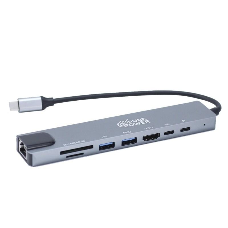 Adaptador HUB 8 Em 1 USB-C Para HDMI+LAN(10M)+USB 3.0+USB 2.0+TF/SD+Tipo-C Pure Power PP-HUB-002