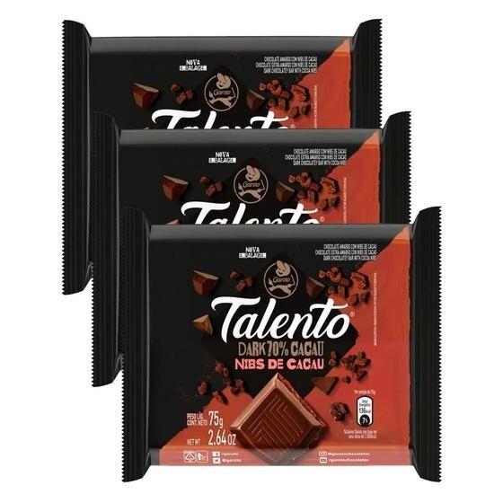 3 Unidades Chocolate Garoto Talento Dark Nibs de Cacau 75g