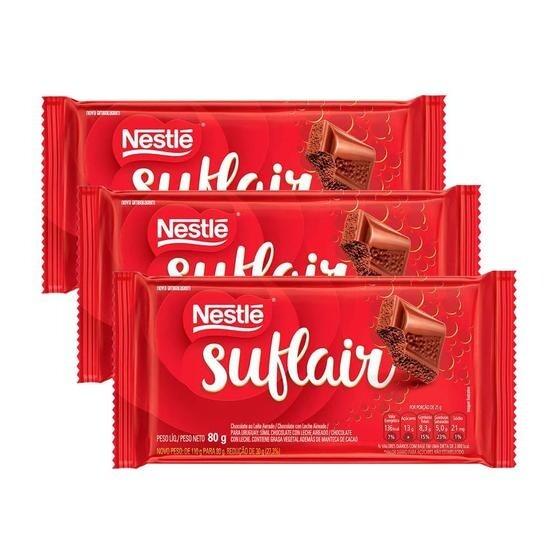 3 Unidades - Barra de Chocolate Suflair ao Leite 80g Nestlé