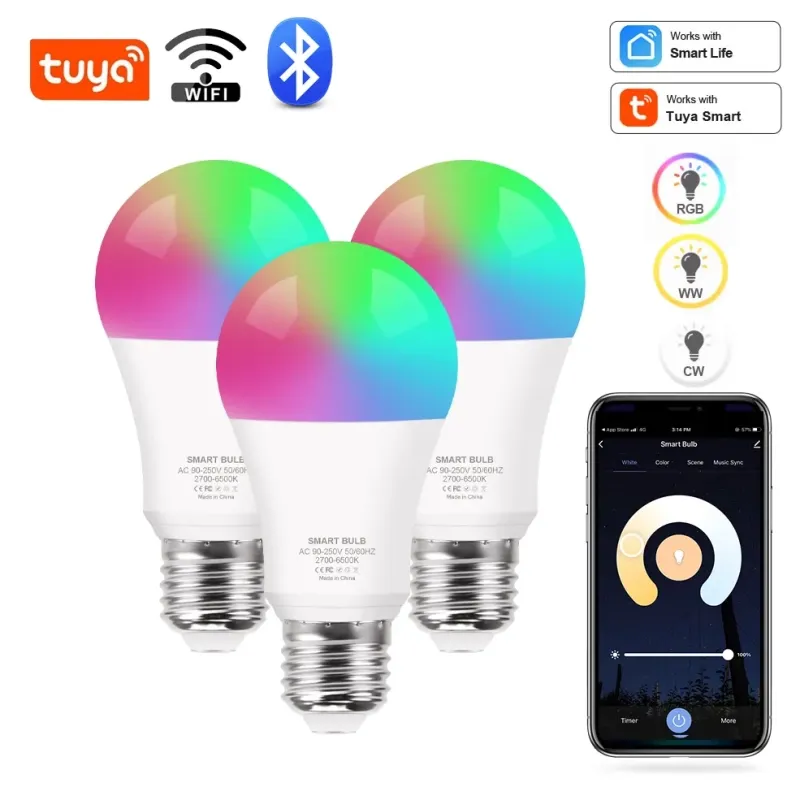Lâmpadas LED Tuya Smart RGB Wi-Fi Bluetooth