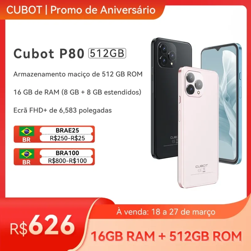 Smartphone Cubot P80 512GB 16GB (8GB + 8GB Estendidos) - Versão Global