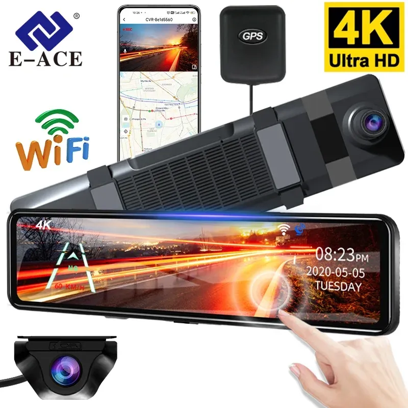 Câmera Dual Car E-ACE-12" 4K Espelho DVR 3840x2160P Suporte GPS WiFi