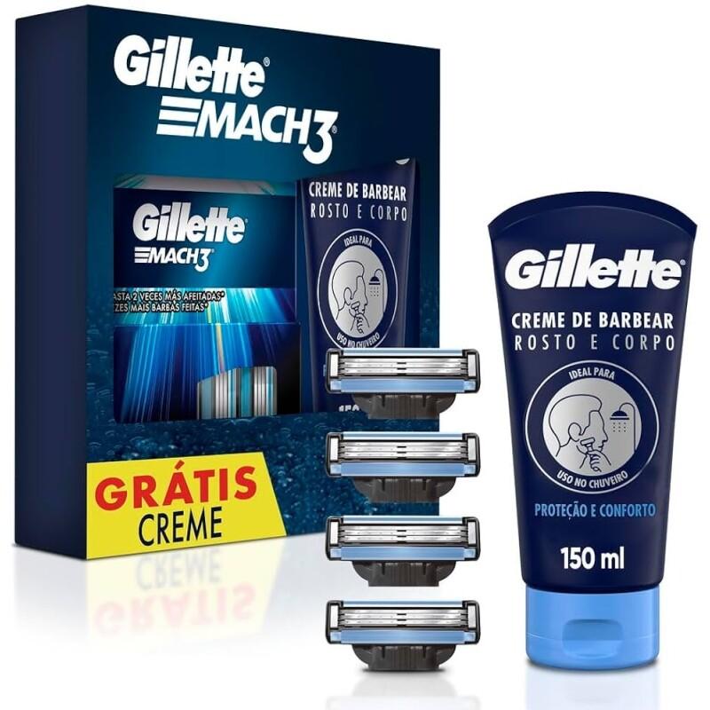 Kit Gillette Mach3 Carga para Aparelho 4 Unidades + Gillette Creme de Barbear Rosto e Corpo 150ml