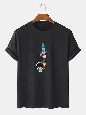 Camisetas Engraçadas de Mangas Curtas com Estampa de Astronauta e Planetas em 100% Algodão para Homens