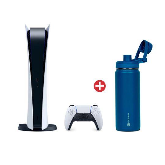 Kit com Playstation 5 Edição Digital + Controle Dual Sense PS5, Branco + Garrafa Térmica Inox Goldentec 500 ml base emborrachada Azul marinho