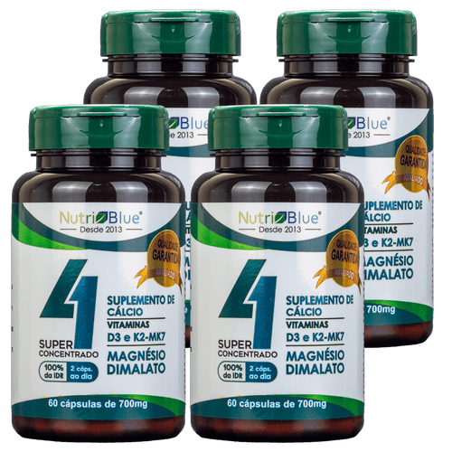 Promoção 4 frascos - Suplemento Quarteto Vitaminico Super Concentrado Nutriblue Com Cálcio, Magnésio Dimalato, Vitamina D3 E K2
